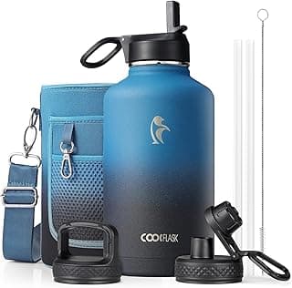 Half Gallon Water Bottle Insulated with Straw & 3 Lids, Coolflask 64 oz Water Jug Large Metal Stainless Steel Wide Mouth for Sports, Gym or...