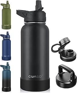 CIVAGO 32 oz Insulated Water Bottle With Straw, Stainless Steel Sports Water Cup Flask with 3 Lids (Straw, Spout and Handle Lid), Wide Mout...